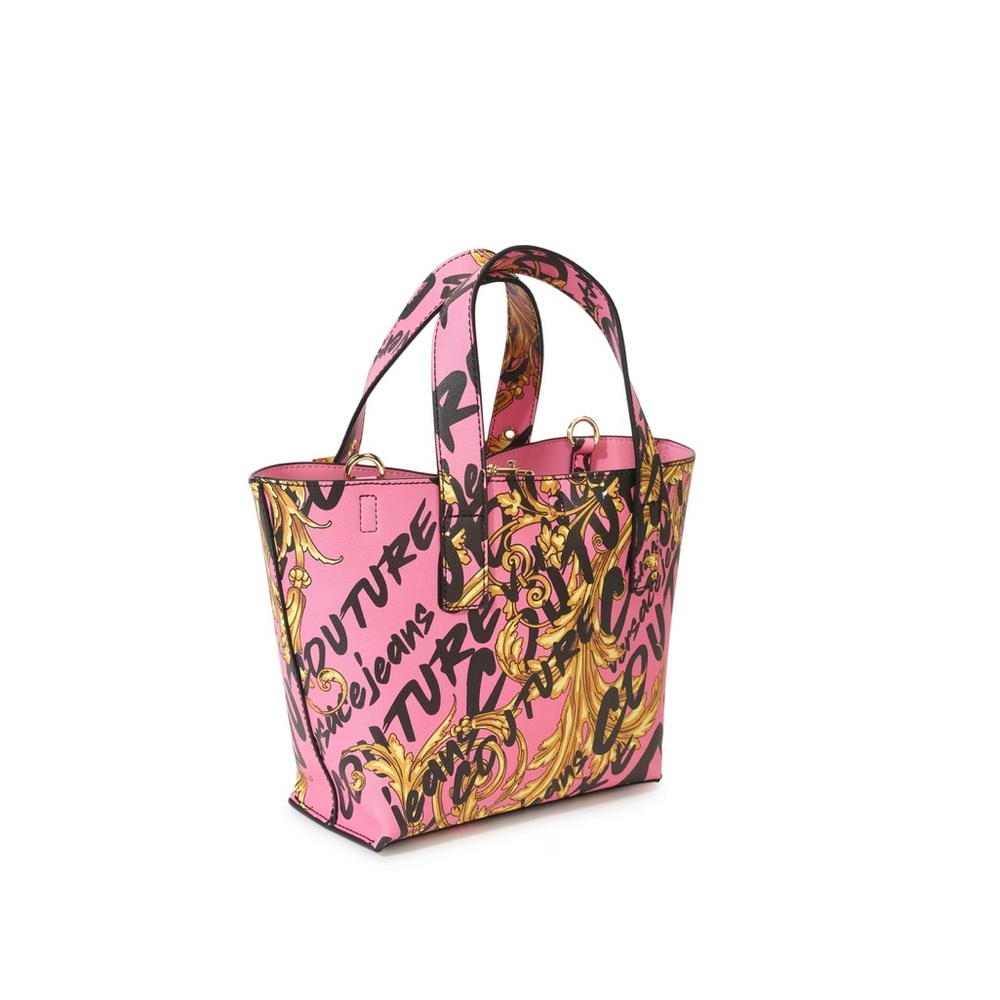Versace Jeans Couture pink leather bucket bag baroque graffiti scrolls print